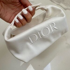 Christian Dior White Embroidered Cosmetic  Zippered Pouch Makeup Bag Case